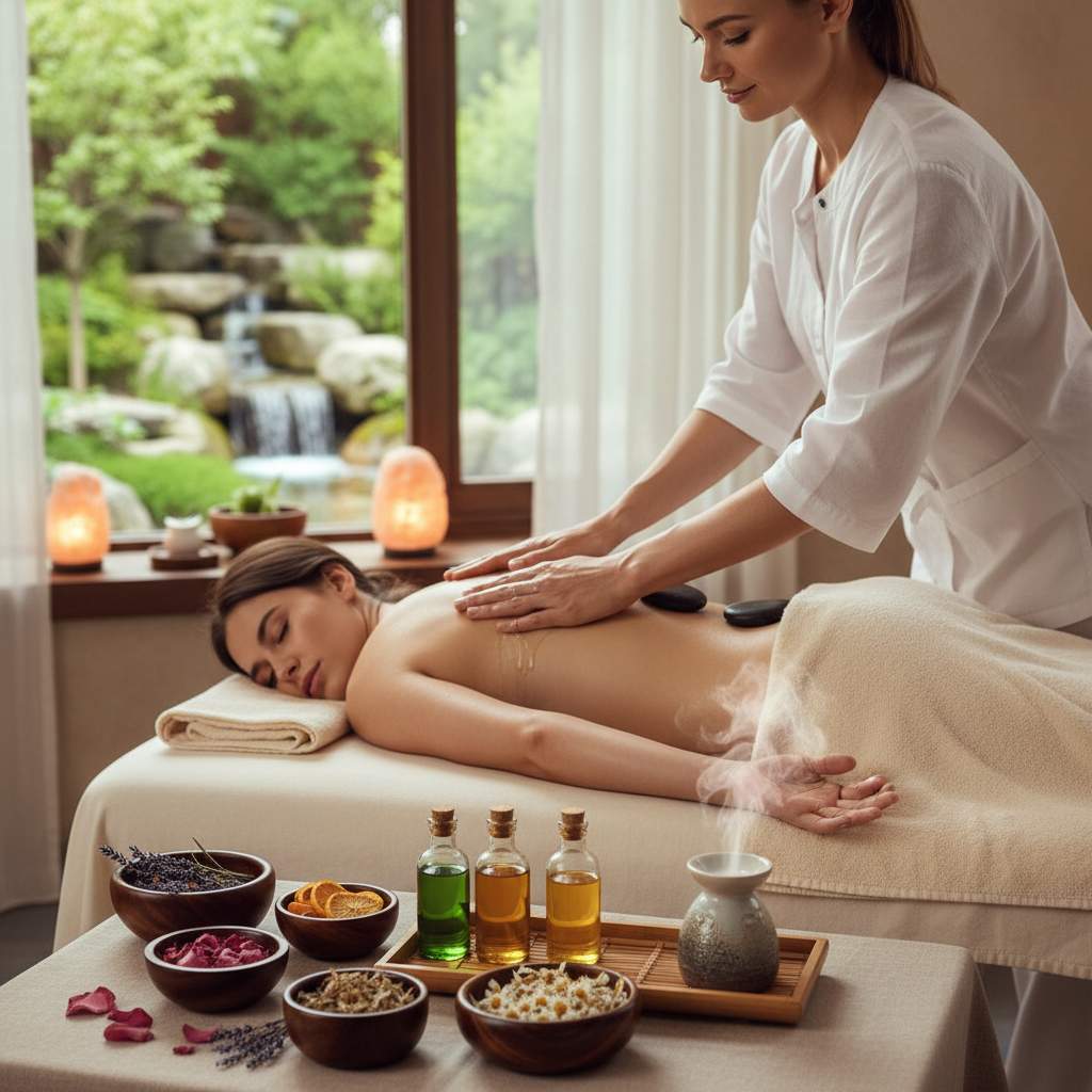 Aromaterapi masajı uygulaması için sakin bir spa ortamı