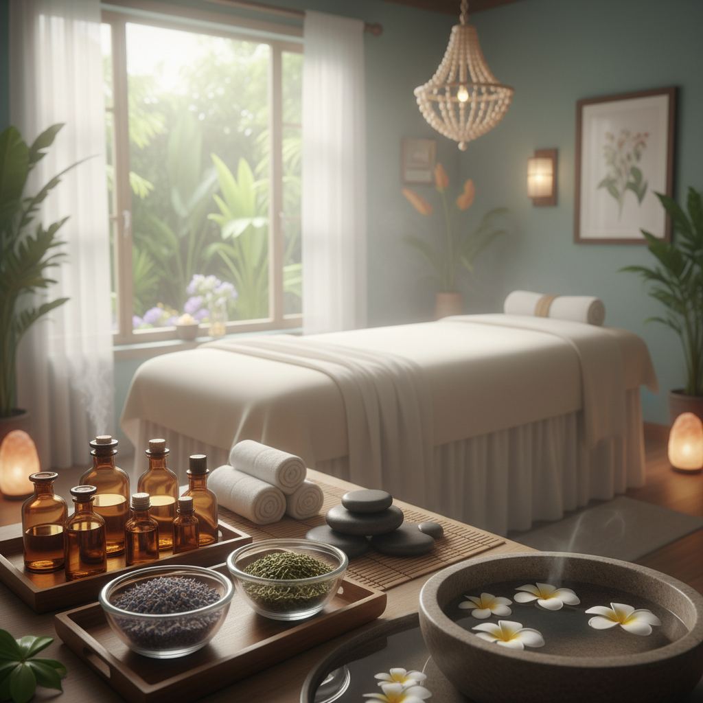 Aromaterapi masajı için kullanılan doğal yağlar ve huzurlu bir ortam.