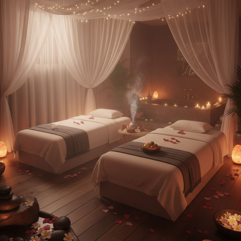 Çiftler için özel masaj hizmeti sunulan spa ortamı