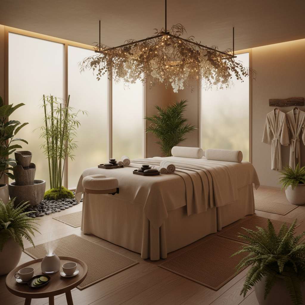 Çiftlere özel masaj hizmeti sunan rahatlatıcı bir spa ortamı.