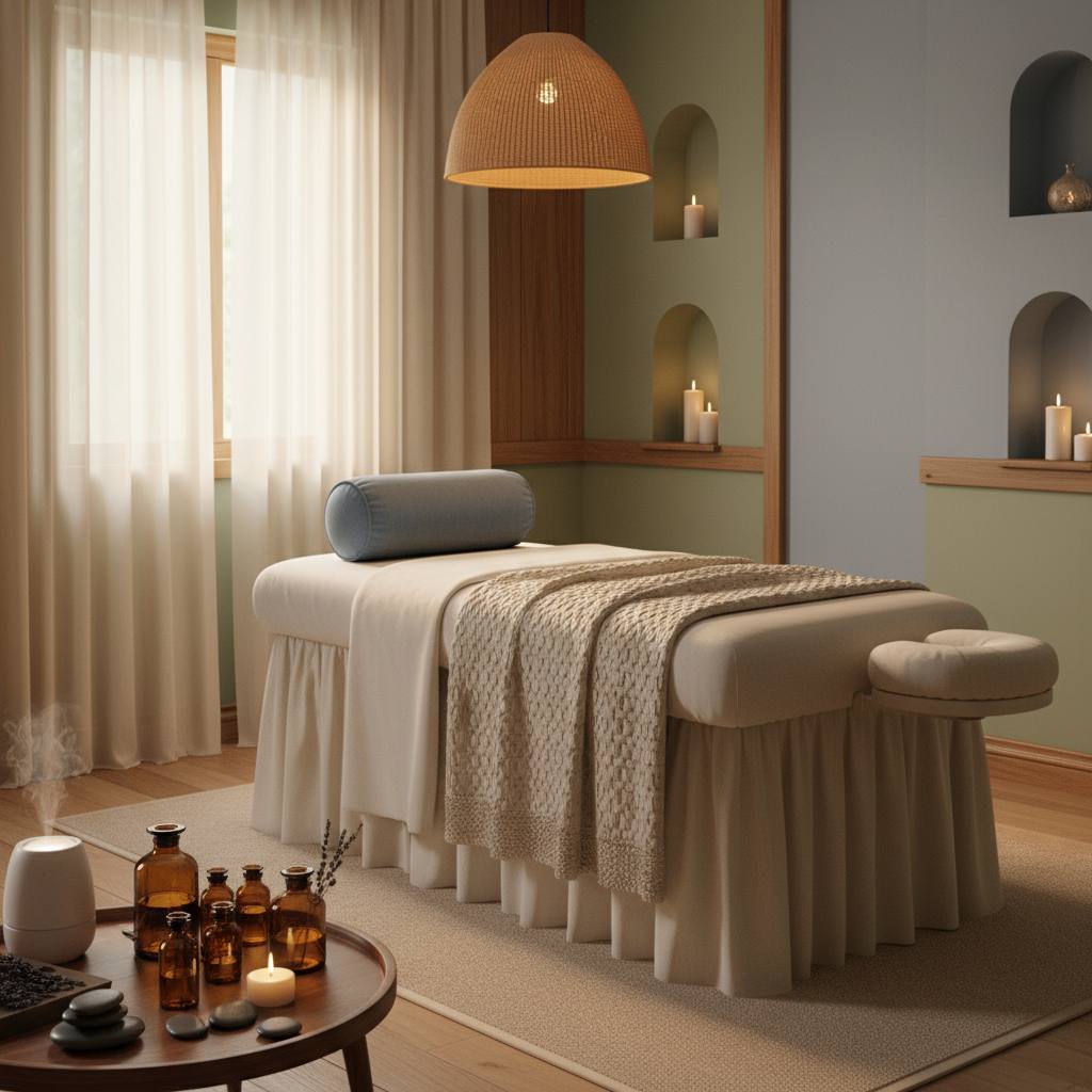 Rahatlatıcı bir masaj odası görüntüsü.