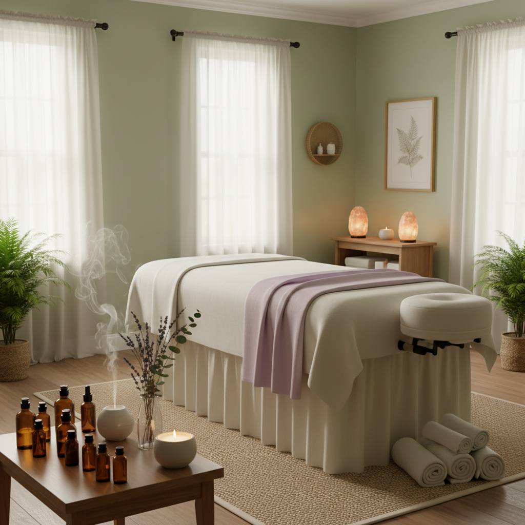 Rahatlatıcı bir masaj salonu iç mekan görüntüsü.