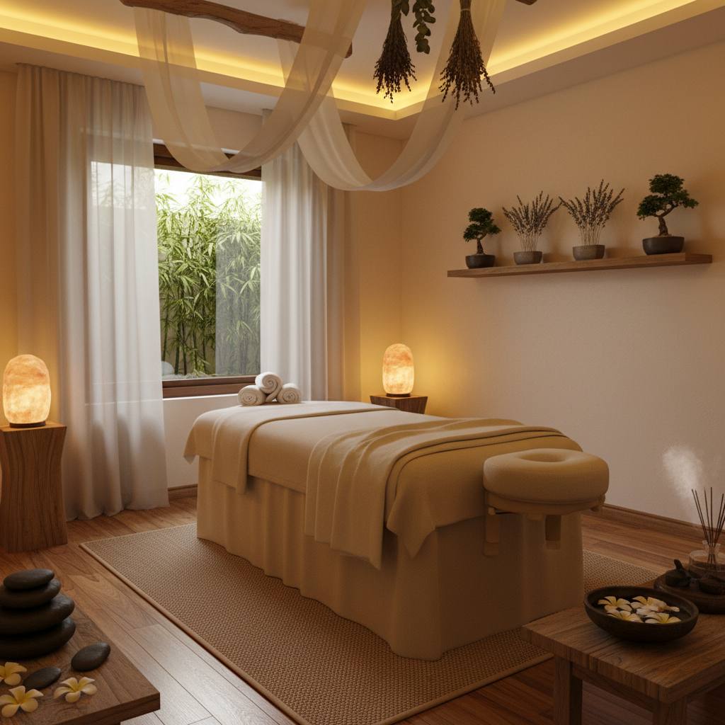 Rahatlatıcı bir masaj salonu iç mekan görüntüsü.