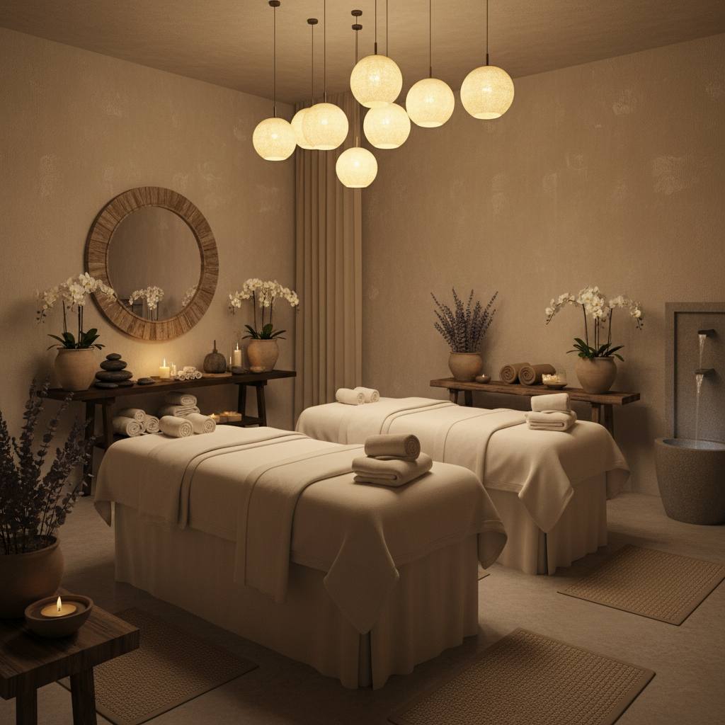 Rahatlatıcı bir masaj salonu iç mekan görüntüsü.