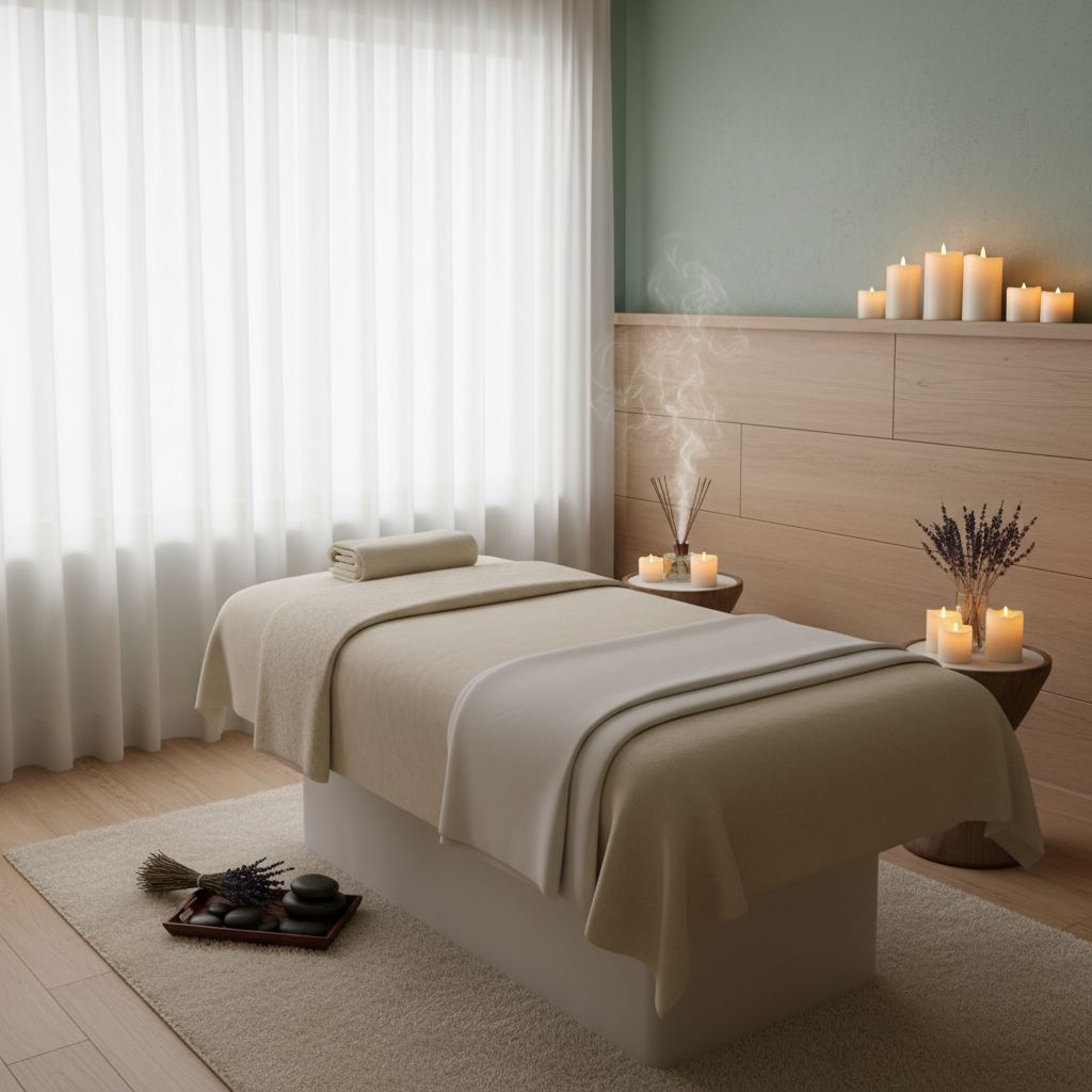 Sakin bir spa ortamında masaj masası