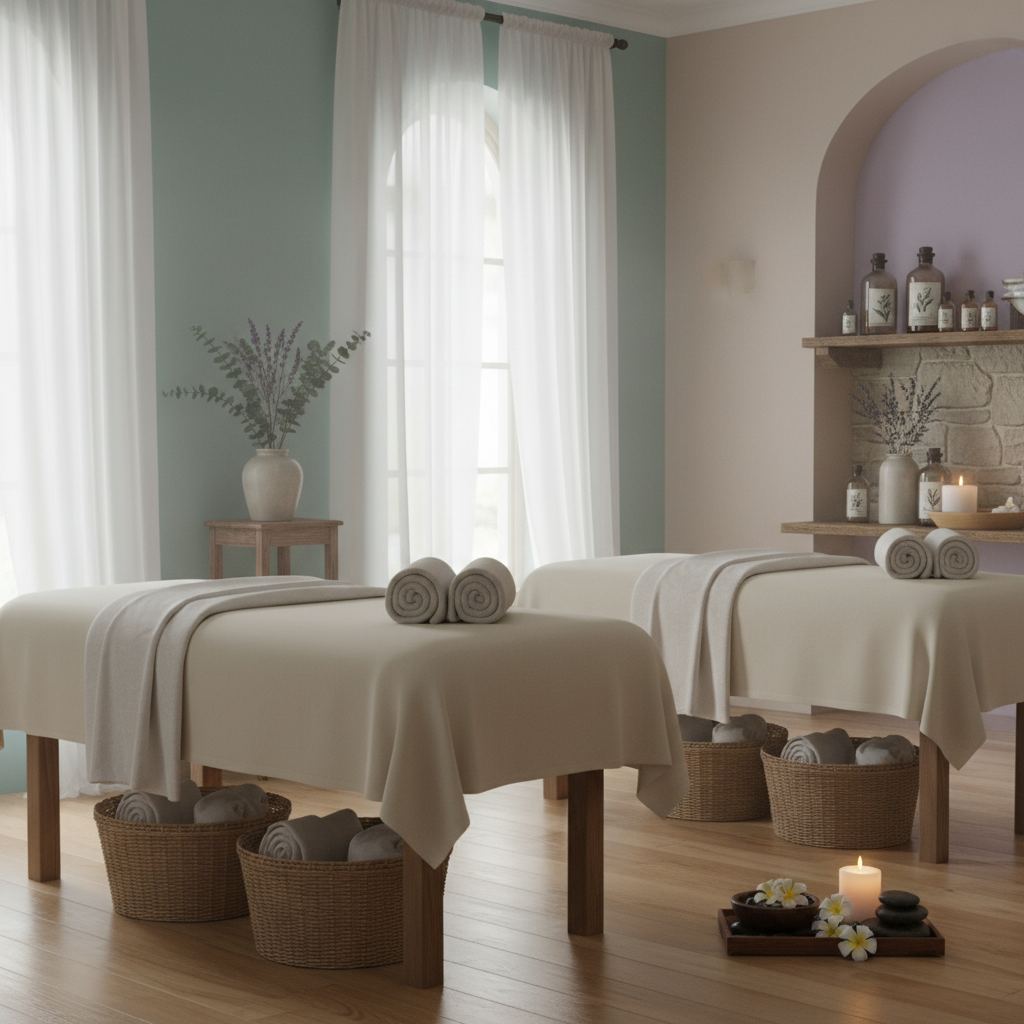 Rahatlatıcı bir masaj salonu iç mekan görüntüsü.