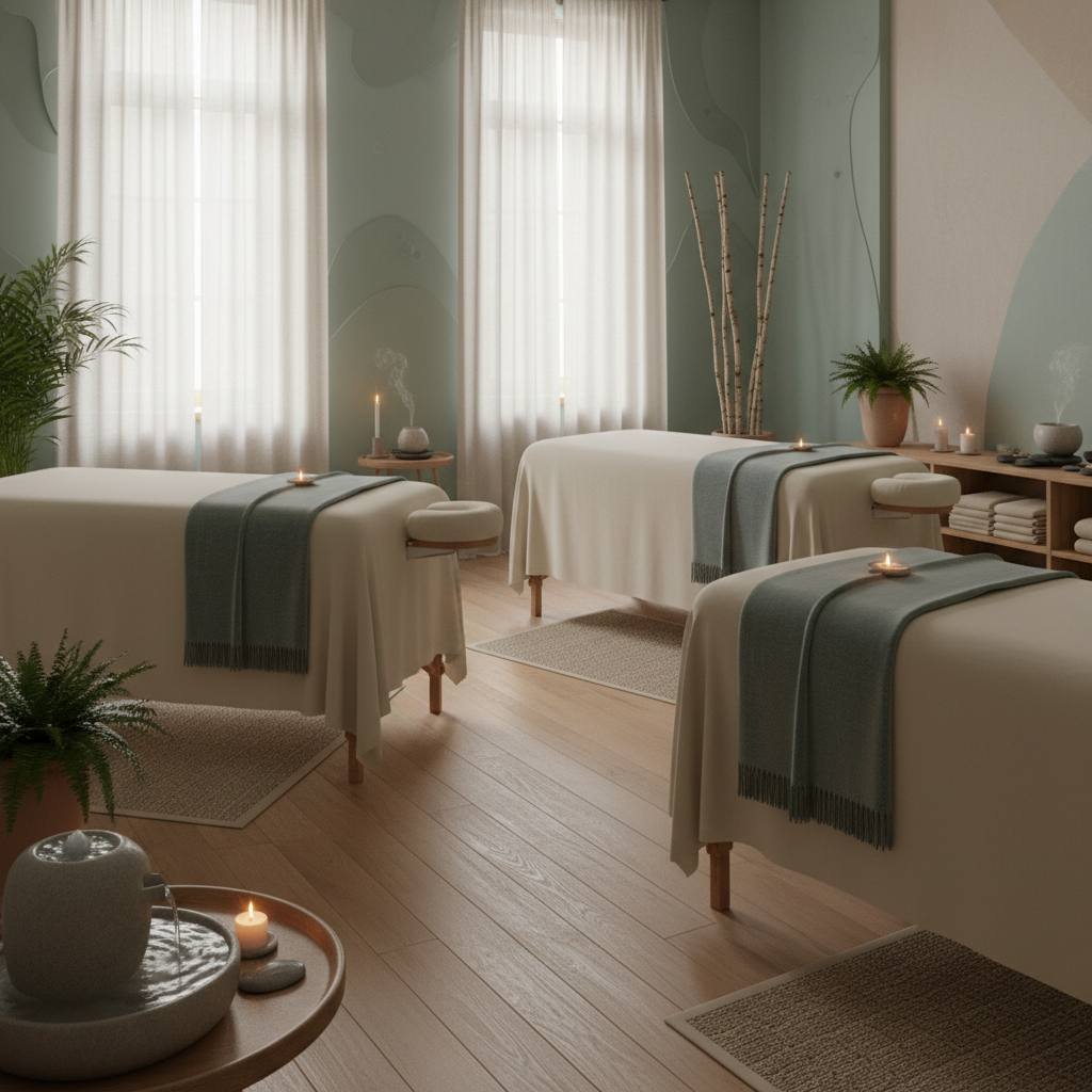 Rahatlatıcı bir masaj salonu iç mekan görüntüsü.