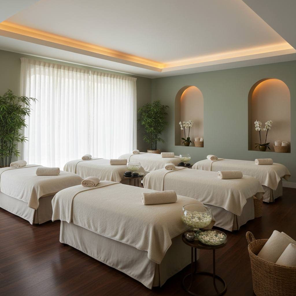 Rahatlatıcı bir masaj salonu iç mekan görüntüsü.