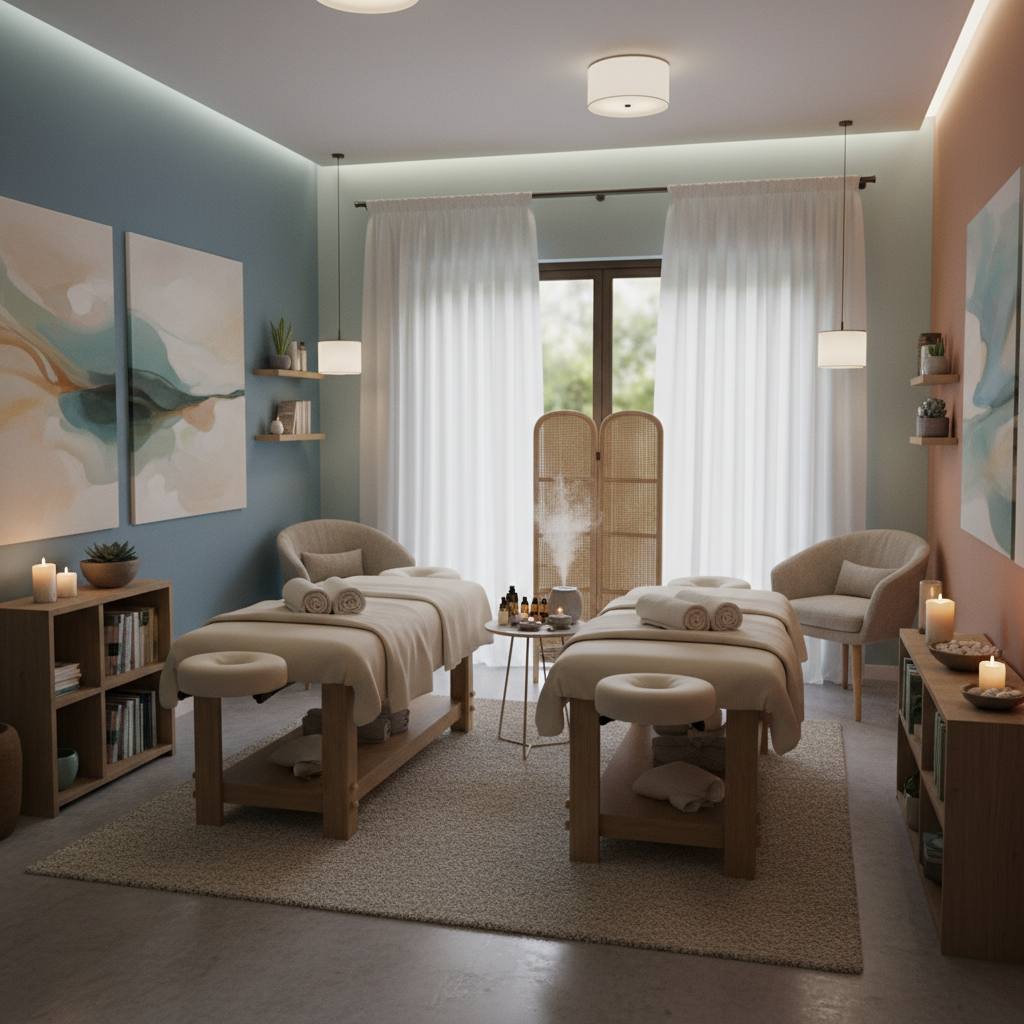 Rahatlatıcı bir masaj odası iç görünümü.